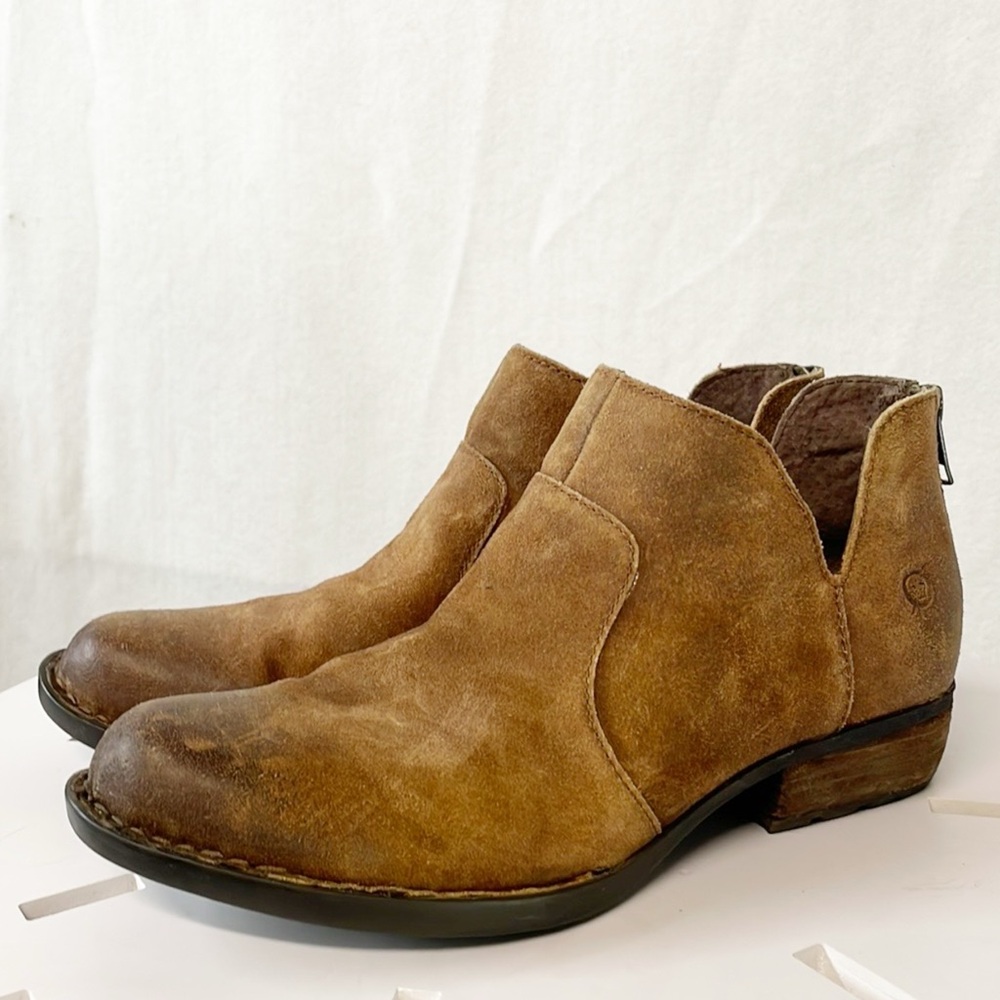 Born Genuine Leather Womens Sz 7M Kerri Boot Bootie Tan Burnished Toe Back‎ Zip